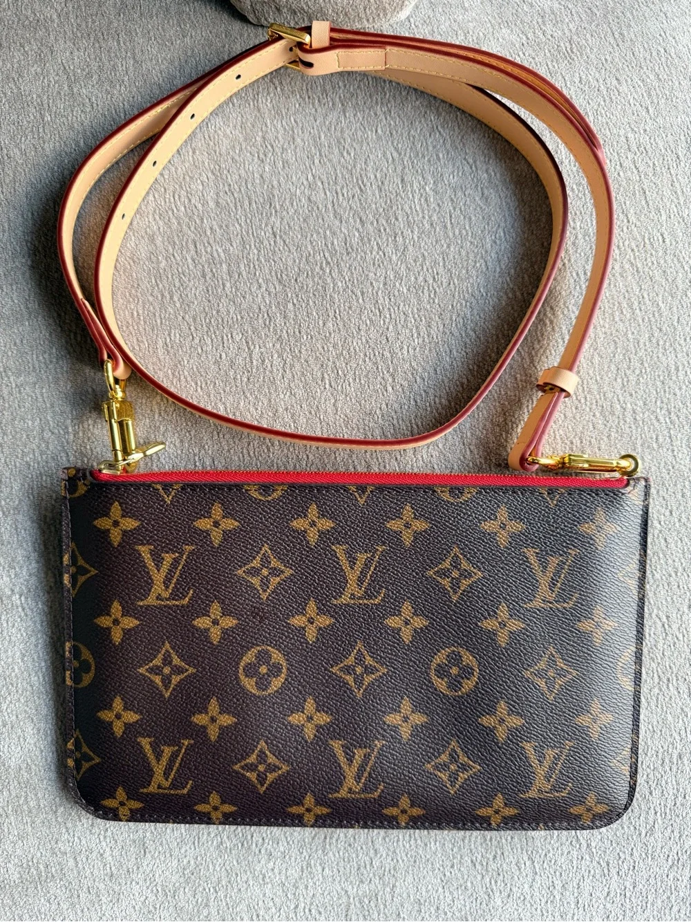 Louis Vuitton Monogram Neverfull Pouch in Brown with Red Trim Authentic